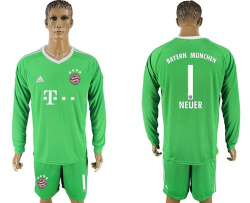 Bayern Munchen #1 Neuer Green Goalkeeper Long Sleeves Soccer Club Jersey